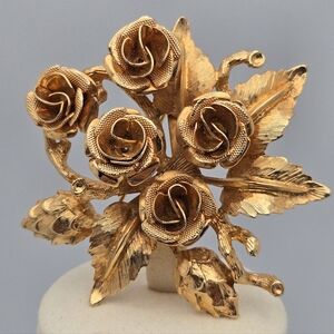 Floral Gold Five Rose Cabbage Bouquet Brooch Vintage Pin